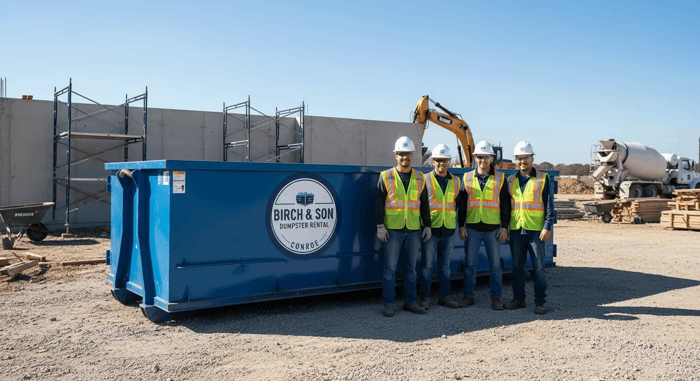 Meet the Birch & Son Dumpster Rental Conroe Team Members of the Birch & Son Dumpster Rental Conroe crew standing together at the company yard beside a branded roll-off truck